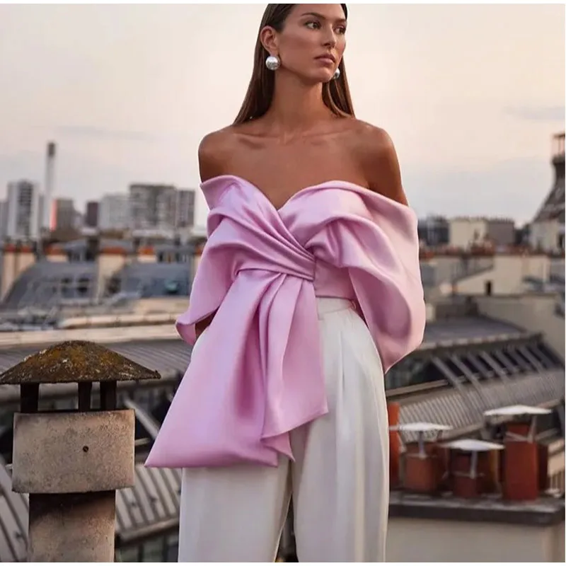 Pink Satin Off-Shoulder Top: Backless, Pleated