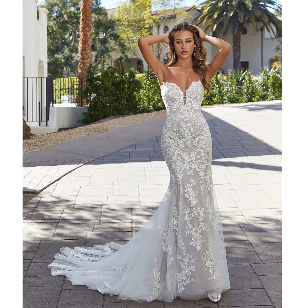 

STEVDITG Exquisite Floral Print Mermaid Bride Dress Fashion V-Neck Appliques Removable Sleeves Elegant Court Train Wedding Dress