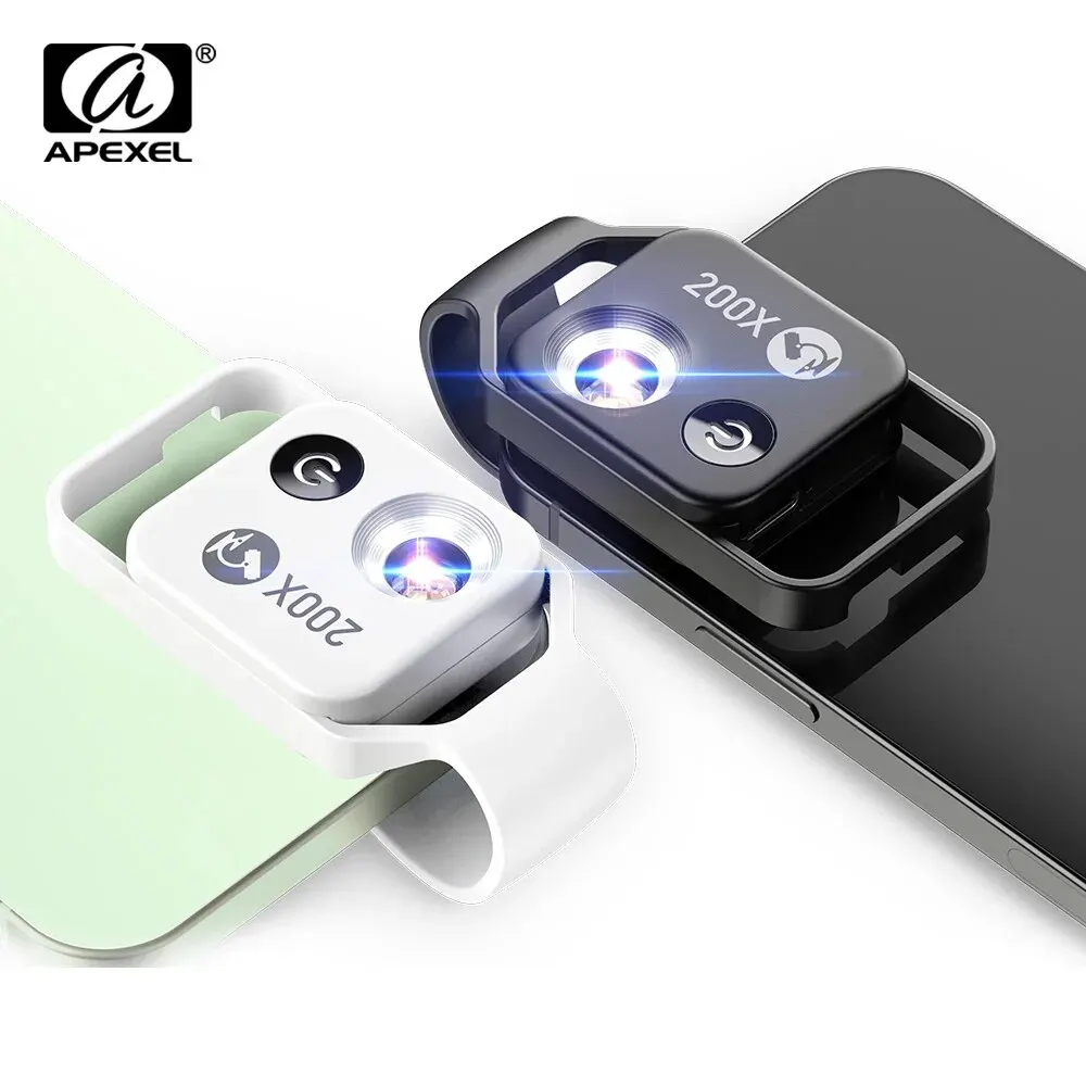 Pocket Microscope Lens CPL Filter LED Light Mini Micro Macro Lenses for iPhone 15 13 14 Samsung Smartphones APEXEL 200X mobile phone lens