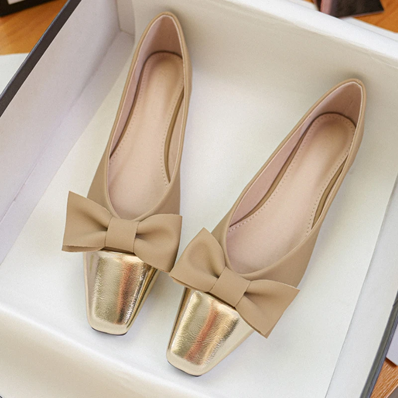 

Size 34-42 Women Almond Shaped Toe Leather Flats Pumps Shoes Designer Style Party Wedding Gold Bowknot Office Lady Slip on L12