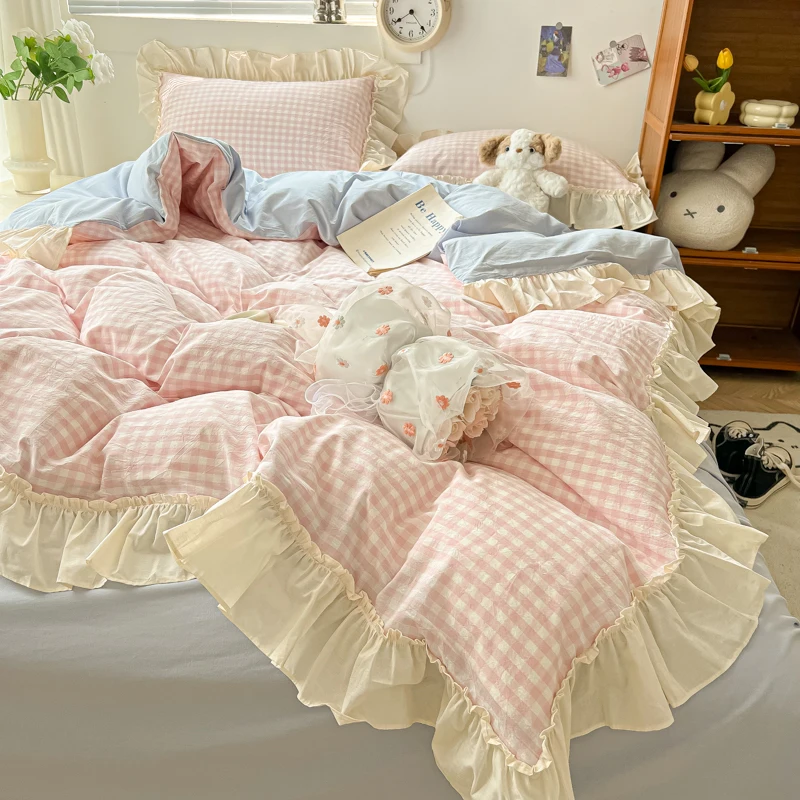 

Korean Princess Style Washed Cotton Soft Bedding Set Pink Blue Black Green Lattice Lace Ruffles Duvet Cover Set With Pillowcases