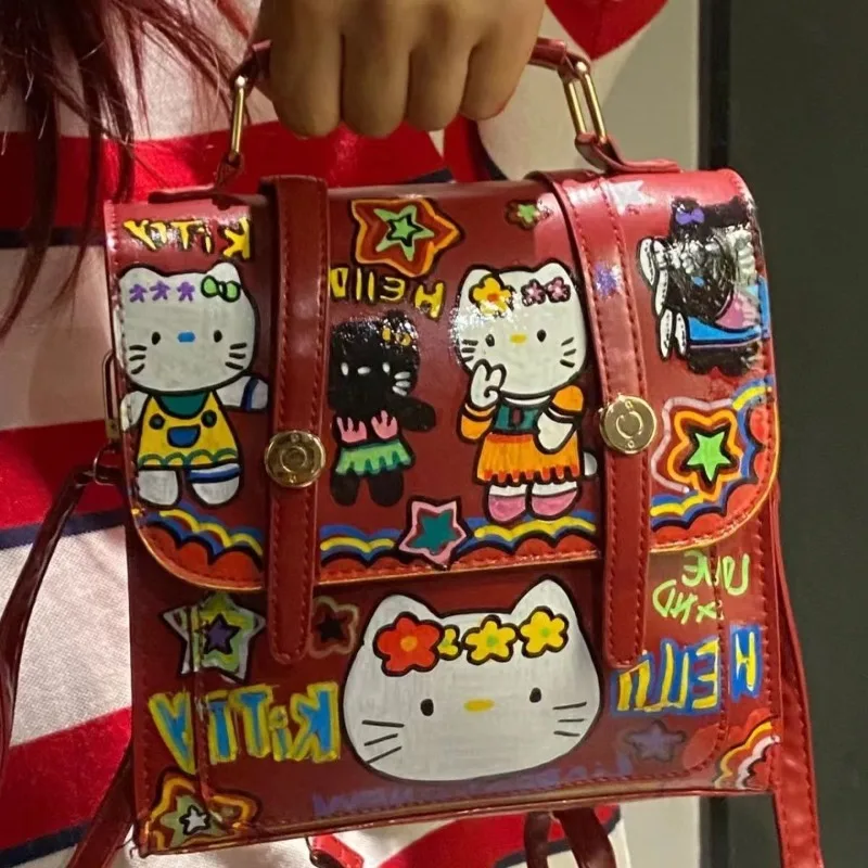 MBTI Hello Kitty Womens Backpack Graffiti Cute Square Vintage Red Harajuku Casual Backpacks Female Fashion Designer Luxury Bag