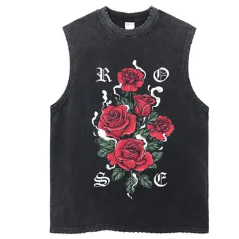 Vintage Tank Top Graphic Y2K Rose Flowers Print T Shirt Cotton Hip Hop Streetwear Oversize Summer Washed Tops Vest 1