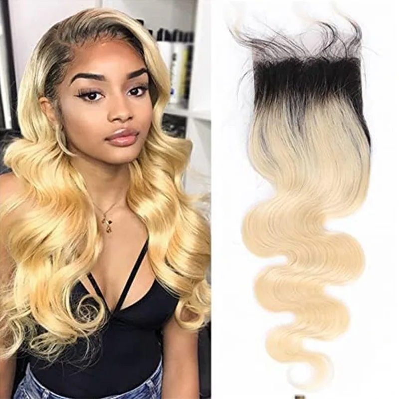 4x4 Transparent Lace Closure Body Wave 12A Virgin Remy Human HairExtensions Pre Plucked with Baby Hair 8-22 Inches 1B/613 Blonde