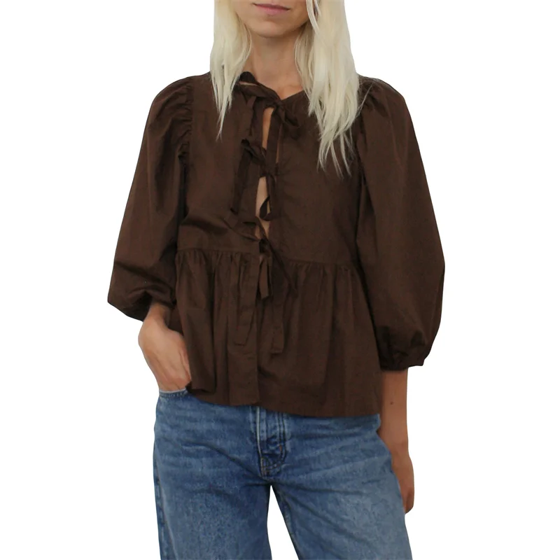 Camisas Y2K para mujer, ropa estética, elegante, color sólido/rayas, manga 3/4, cárdigan con lazo, blusa de los años 2000, ropa de calle