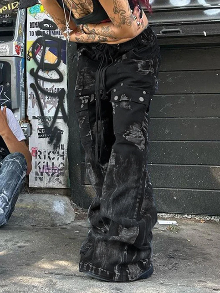 QWEEK Gothic Punk Baggy Jeans Women Y2k Vintage Print Low Waist Pokect Cargo Pants Hip Hop Distressed Loose Trousers Streewear