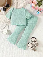 St. Patrick's Day Girls' Short sleeved Bell bottom Pants Set Beaded Embroidered Clover Clover Short sleeved Pants Two piece Set 2