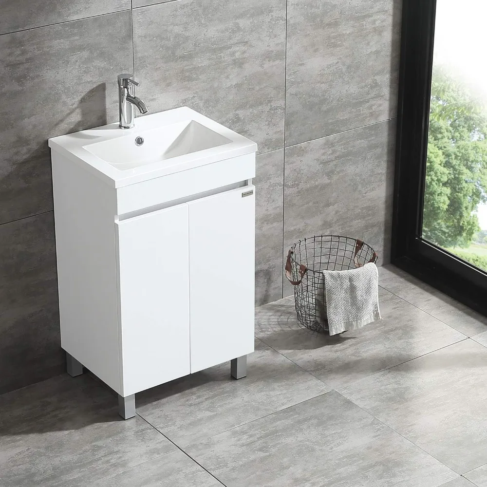 20 Inch Free Standing Bathroom Vanity Cabinet with 2 Doors Undermount Resin Sink and Chrome Faucet Combo White 2