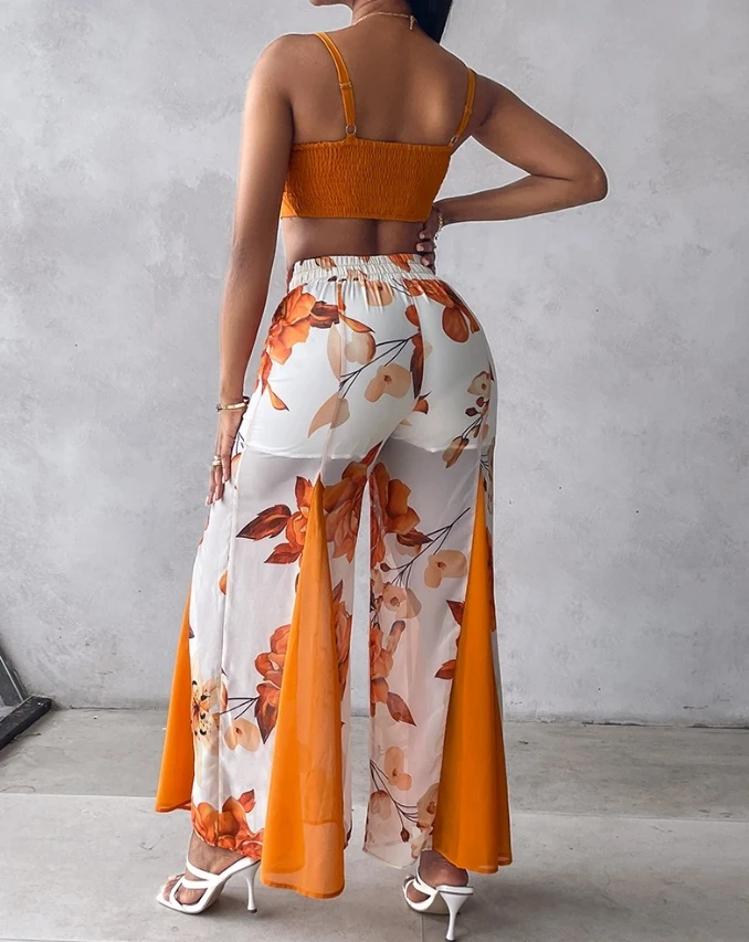 Women's Two Piece Fashion Summer Cssual V-Neck Ruched Sleeveless Cami Top and Floral Print Drawstring Wide Leg Pants Set