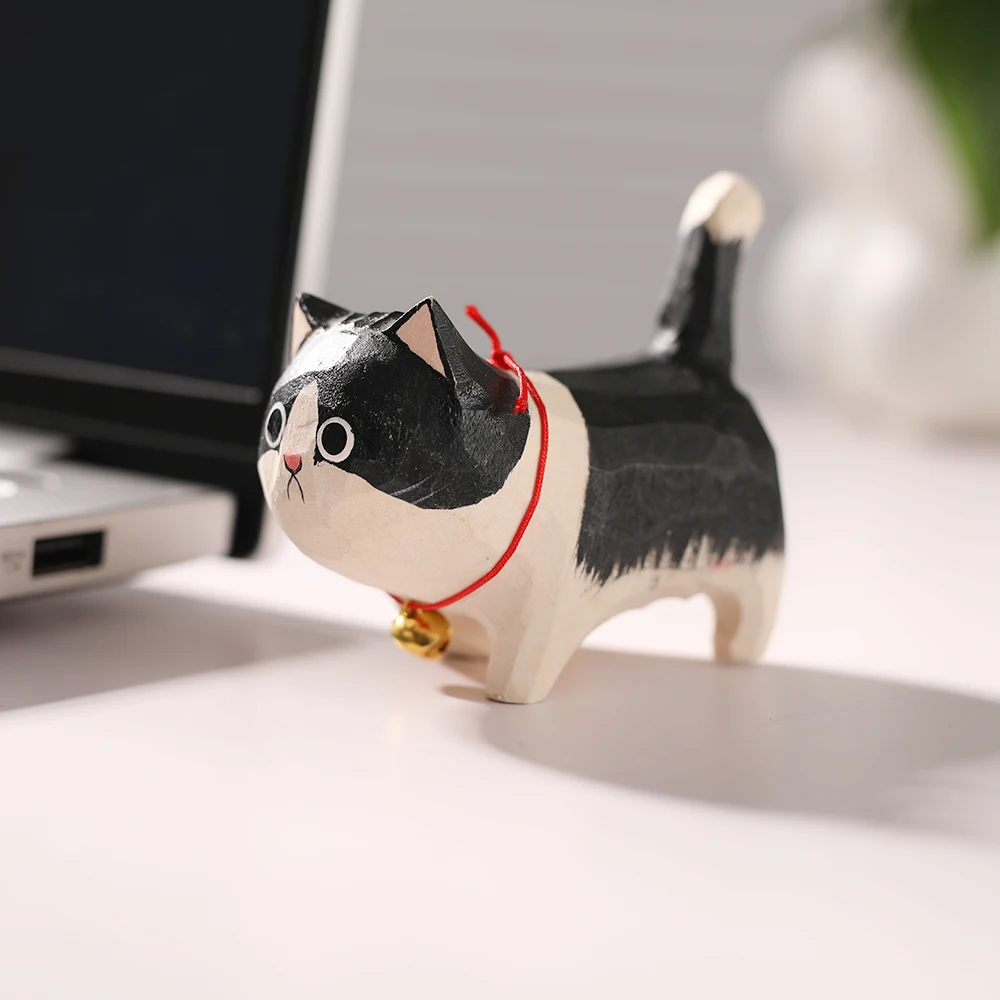 تمثال قطة خشبي منحوت يدويًا - ديكور قطط لطيف للمنز...