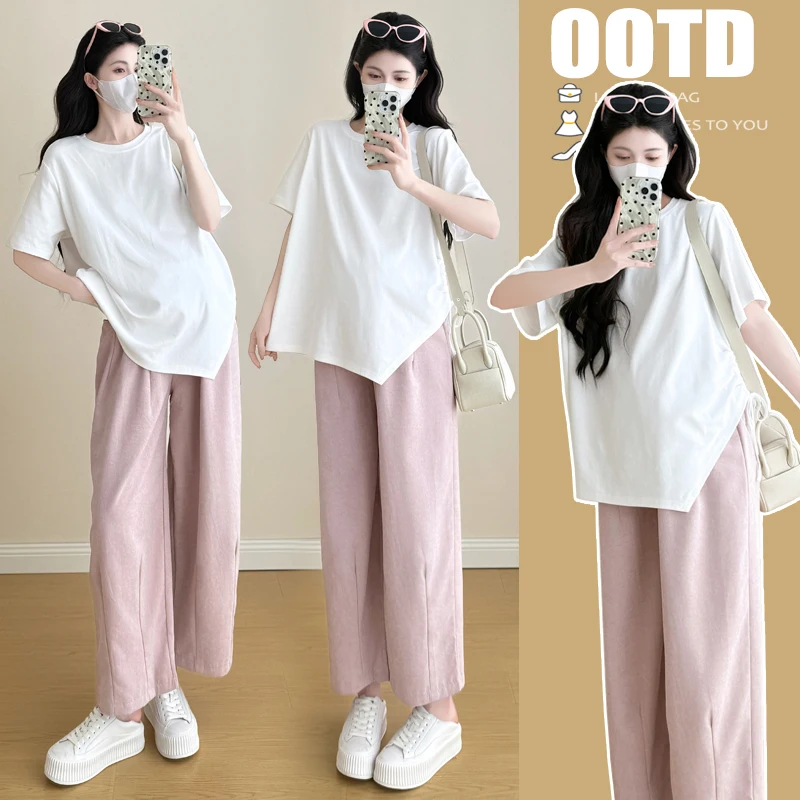 Korean Style Summer Cotton Maternity Shirt Short Sleeve O-neck Side Split Plus Size Asymmetrical Pregnancy Blouses Loose Fit Top 3 Korean Style Summer Cotton Maternity Shirt Short Sleeve O-neck Side Split Plus Size Asymmetrical Pregnancy Blouses Loose Fit Top - Image 3