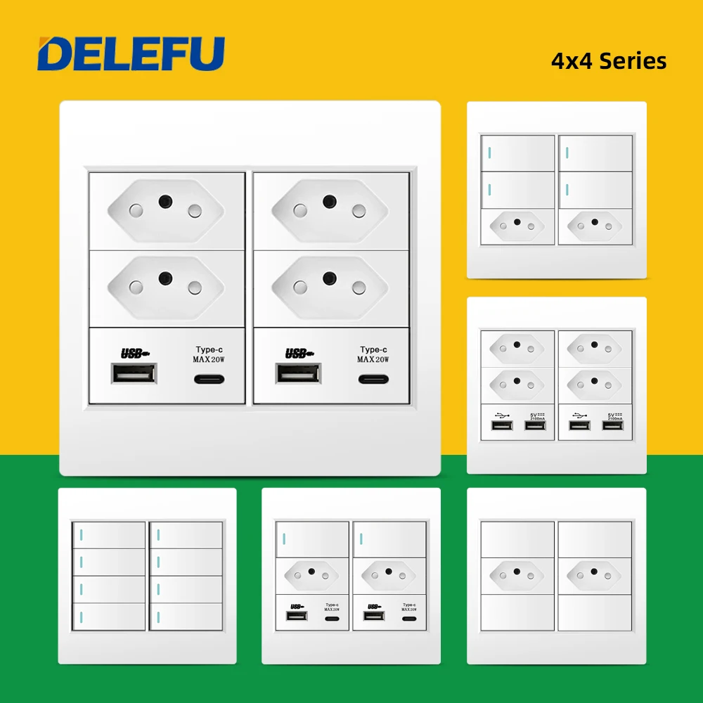 Delefu 4×4 Fireproof Painel pc Brasil Standard Outlet Duplo Usb tipo c Parede Tomada Interruptor de Luz Escritório Branco 10a 20a Carga Rápida