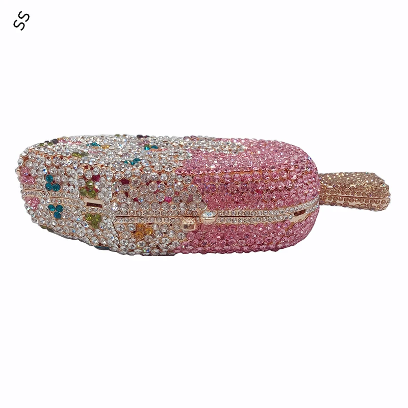 18*8*4cm Personality Fashion Ice Cream Style Women's Clutch Bag Pure Hand-inlaid Rhinestone Diamond Wrist-bag for Evening Party