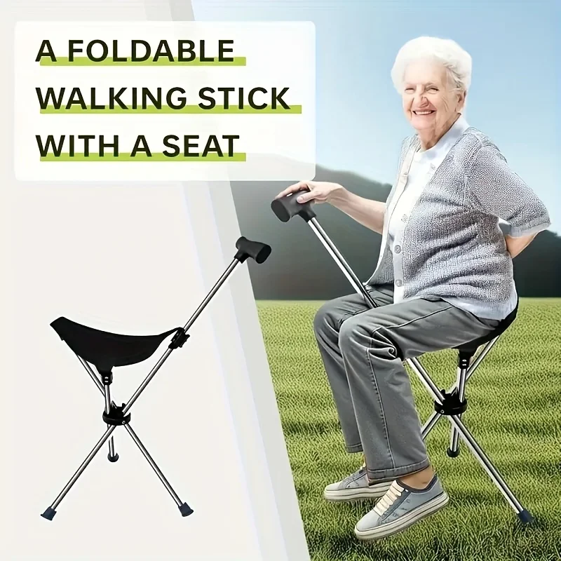 2-in-1 Folding Cane Stool, Non Slip Base and Ergonomic Grip, Lightweight, Suitable for Hiking, Camping, and Travel