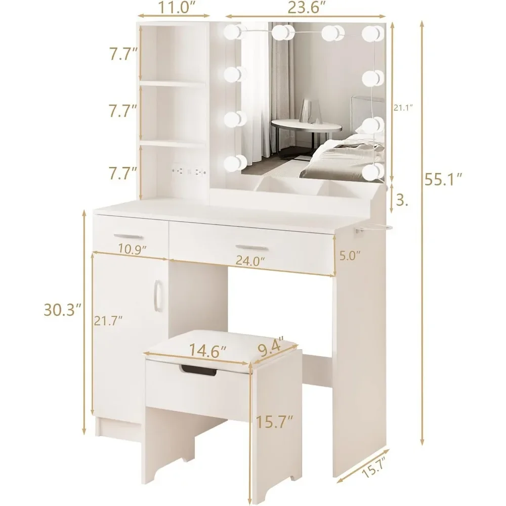 Makeup Vanity Desk with Lighted Mirror & Power Strip,White Vanity Table Set with Lights and Lots Storage,2 Drawer Makeup Table