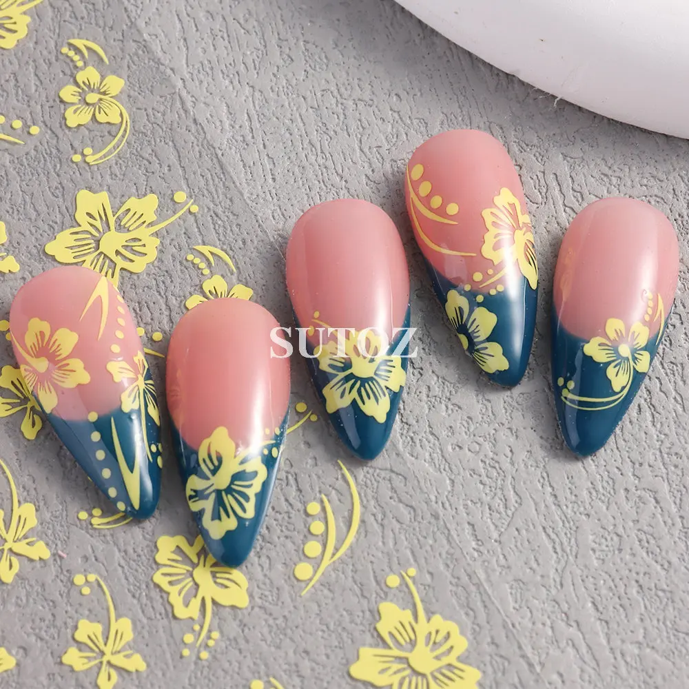 3D Blue Hibiscus Nail Art Stickers Yellow Hawaiian Flowers Decals Golden Floral Sliders Nail Charms Manicure Decors LEBSU-38 nail stickers,nail art decoration