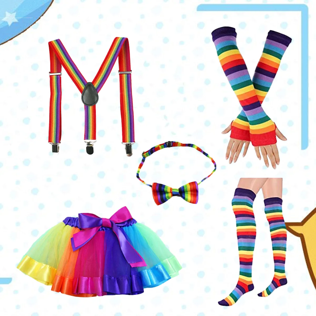 

Rainbow Tutu Skirt Kit Colorful Bowknot Tie Long Gloves Stocking Suspenders Costumes Accessory Set for Adult(Style B)