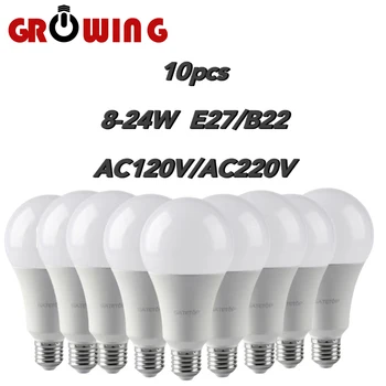 LED 전구 램프, 실제 전원 8W-24W, 3000K, 4000K, 6000K, 가정 및 사무실 조명용 램프, A60, A80, E27, B22, AC120V, AC220V, 10 개