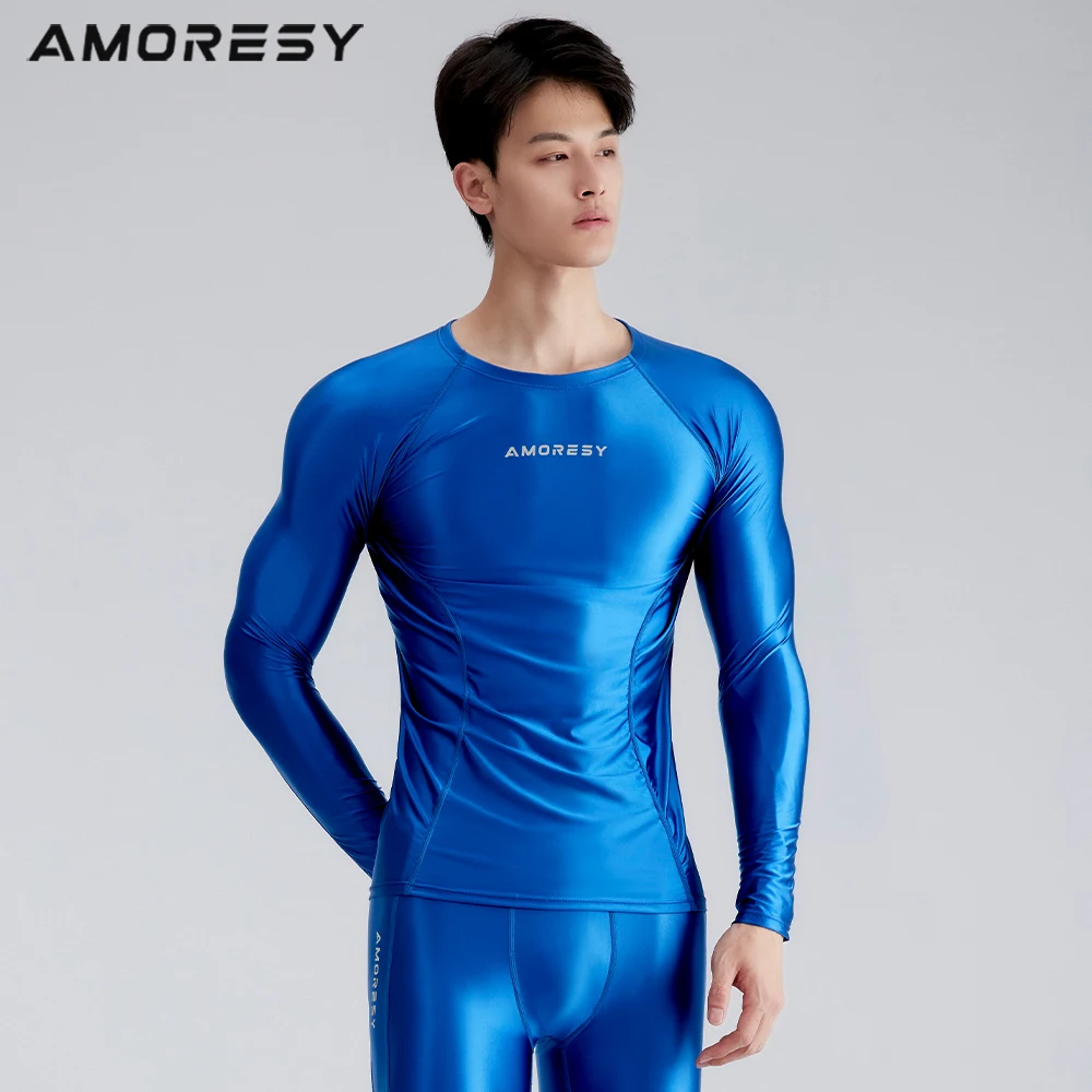 AMORESY Round Neck Tight Long Sleeve T-Shirt Men's Glossy