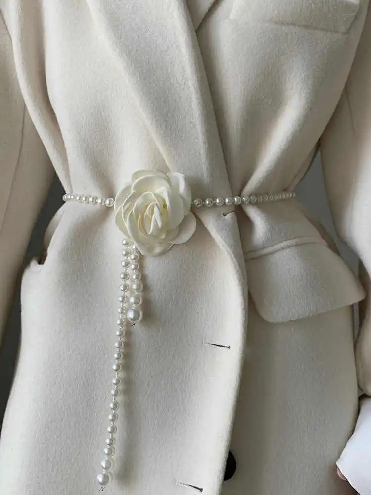 1 piece pearl waist belt for women, new style decorative camellia versatile waist belt matching coat dress jacket stylish fashion belt.