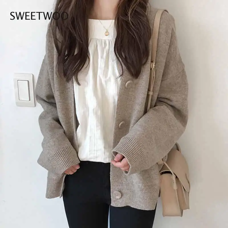 

2020 Winter Women Loose Korean Style Core-Spun Sweater Cardigan Single Breasted Harajuku Style Knit V-Neck Solid Sweater Tide