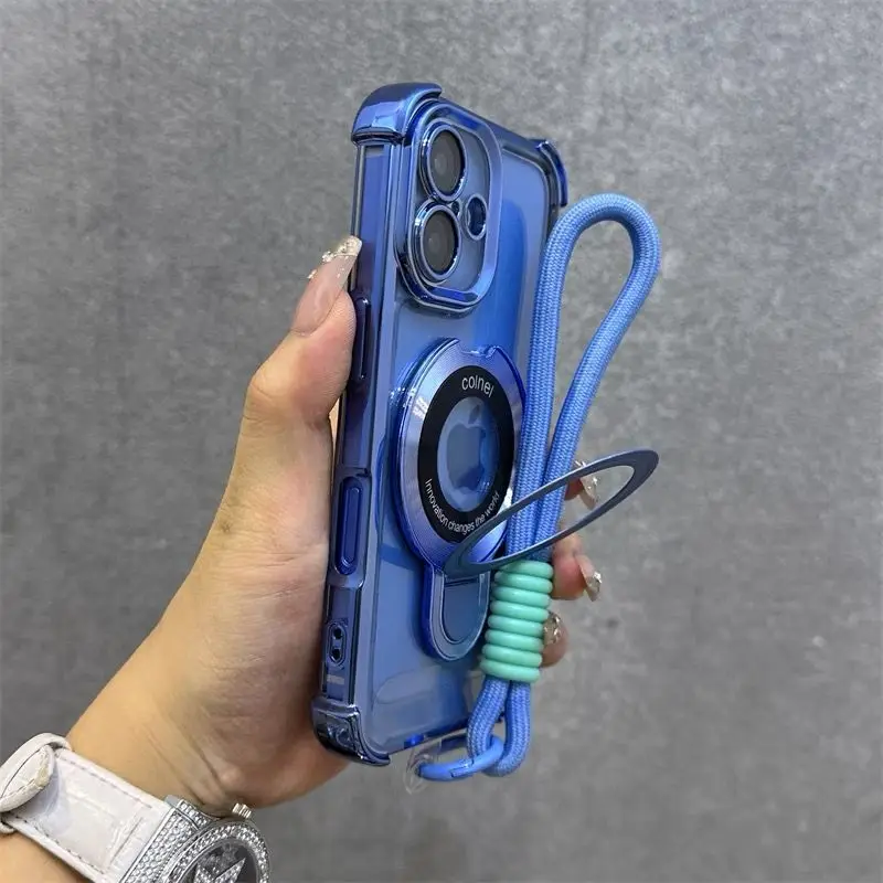 Shockproof Magnetic Bracket Phone Case with Lanyard and Plating Silicone Cover