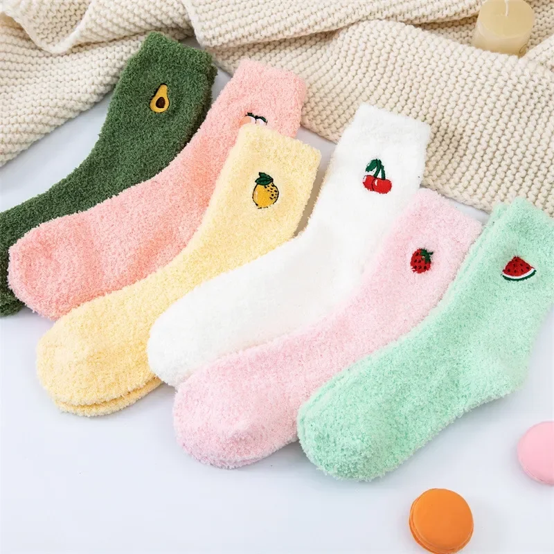 

Kawaii Women's Fruit Socks Fluffy Warm Plush Socks Female Fashion Warm Avocado Watermelon Cherry Strawberry Floor Sleeping Socks