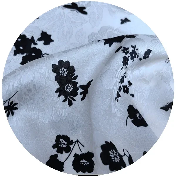 Black White Embroidered Satin Print Fabric for Dresses Cheongsam Traditional Chinese Style Spring Hot Sale Of The Season Fashion