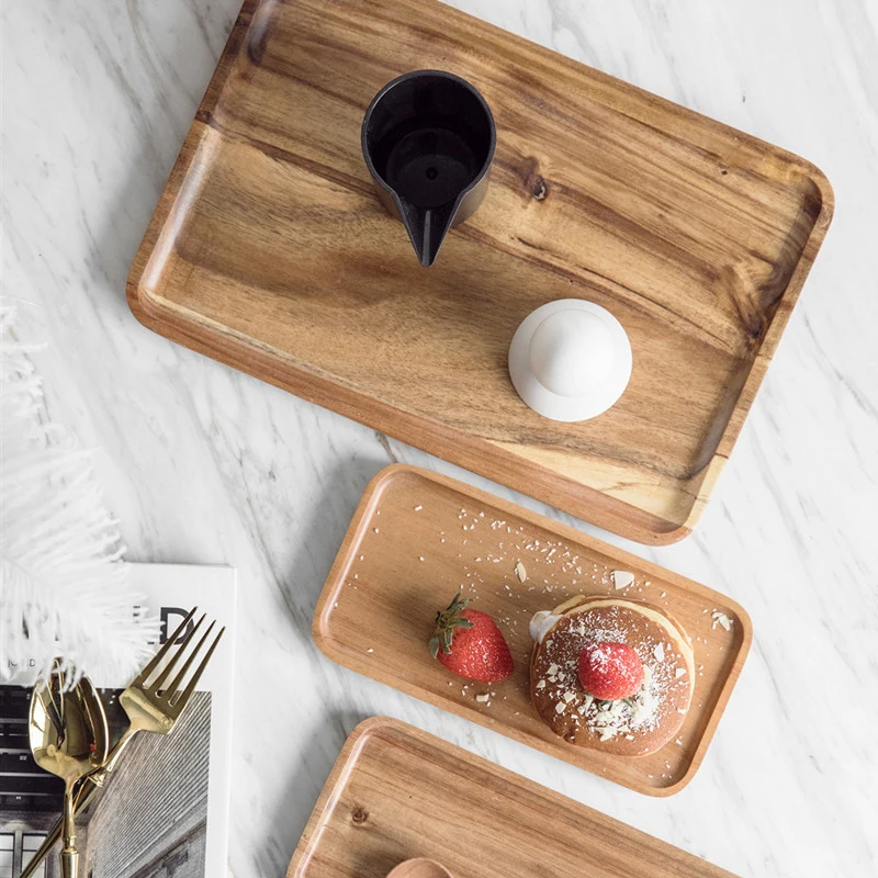 Description Picture 3 of item4 Sizes Natural Wooden Serving Tray Square/Rectangular  Wood Plate Food Fruit Dessert Tea Storage Trays Supplies for Hotel Home