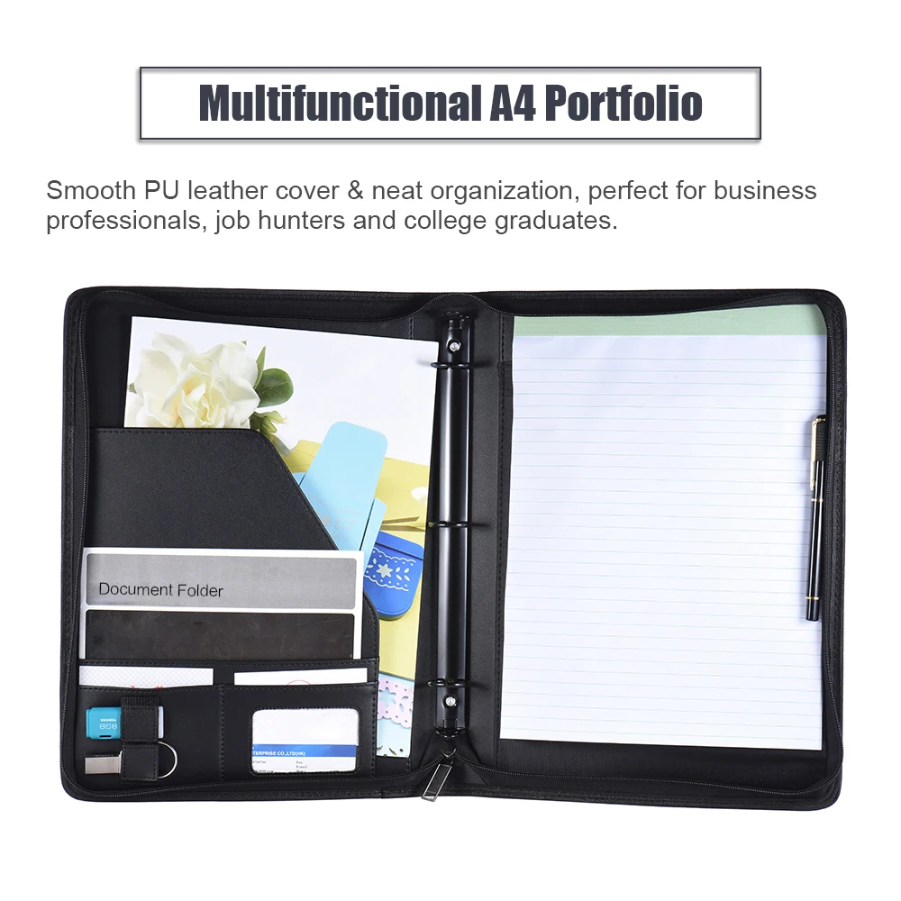 Multifunctional A4 Document Case PU Leather Zippered Loose-leaf Loop Business Card Holder Memo Note Pad