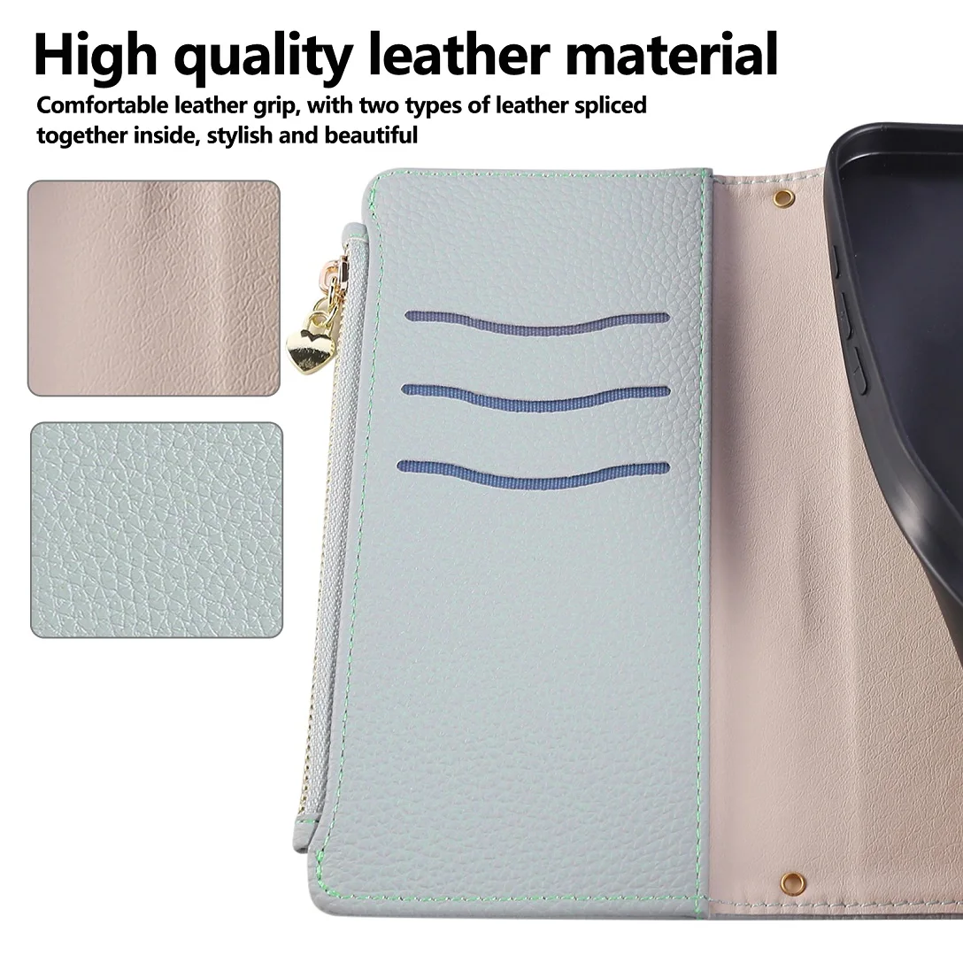 Elegant Leather Card Holder Zipper Wallet Case with Shoulder Lanyard