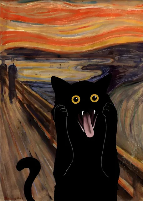 Van Gogh & Monet Inspired Cat Canvas: Starry Night and Sunflowers Wall Art