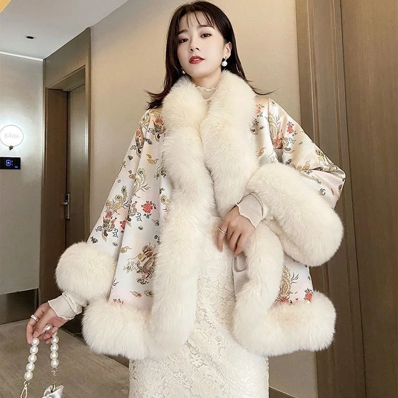 

Autumn Winter Faux Fox Fur Coat Women China-Style Satin Fabric Embroidery Jacket Cloaks Overcoat Young Girl Belt Outerwear Tops