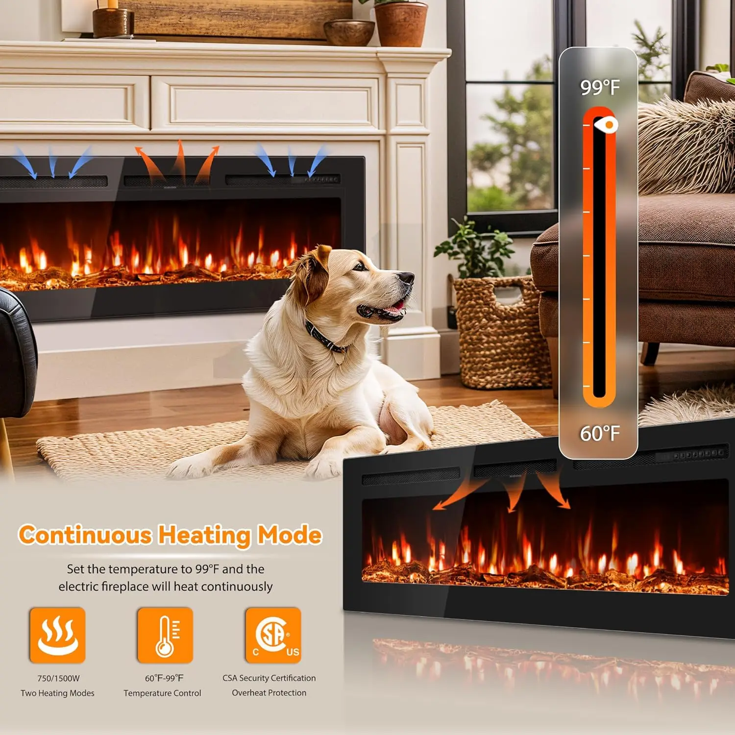 50 inch Electric Fireplace in-Wall Recessed and Wall Mounted with Remote Control,1500/750W Fireplace Heater (60-99°F Thermostat) 3