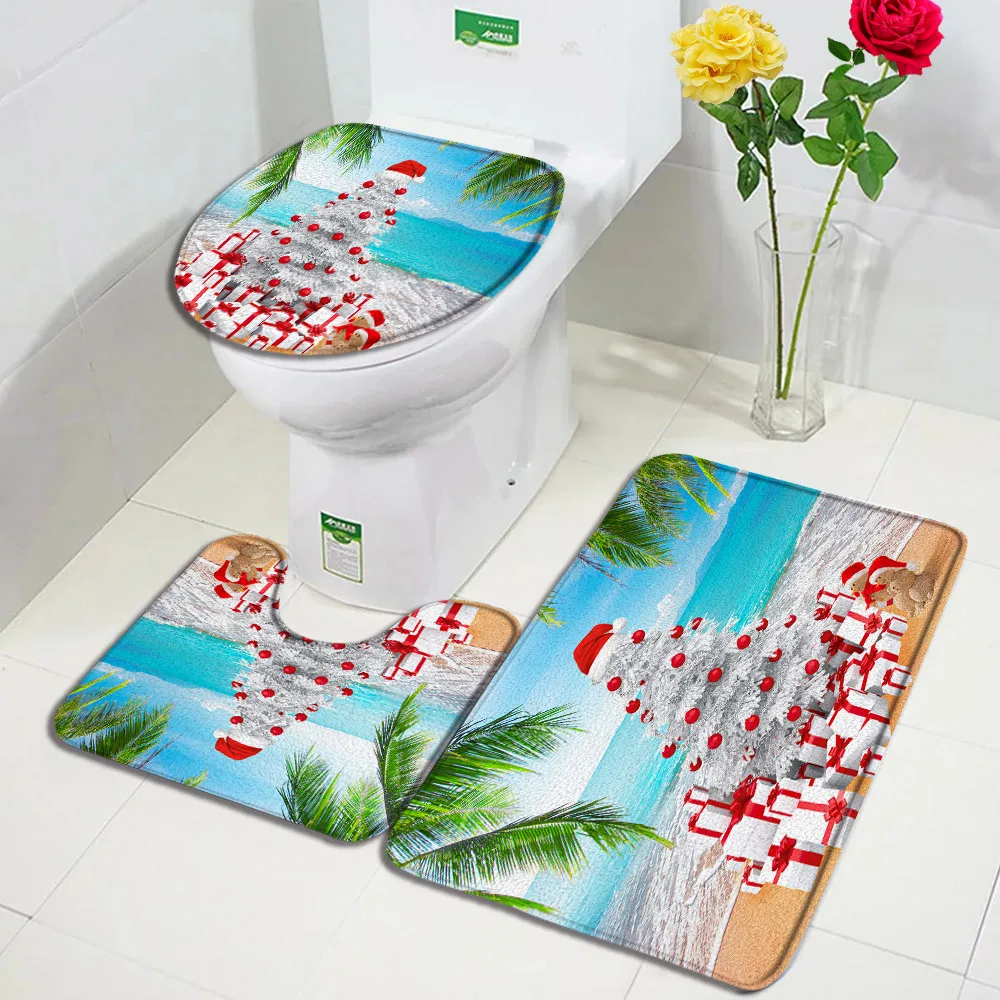 Christmas Bath Mats Sets Beach Xmas Tree Gift Palm Leaves Ocean