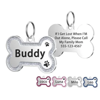 Etichetta identificativa per cani e gatti a doppio lato Cani glitterati Nome per gatti Etichette pendenti Accessori per collare per animali Tag in osso anti-smarrimento per cani di piccola taglia
