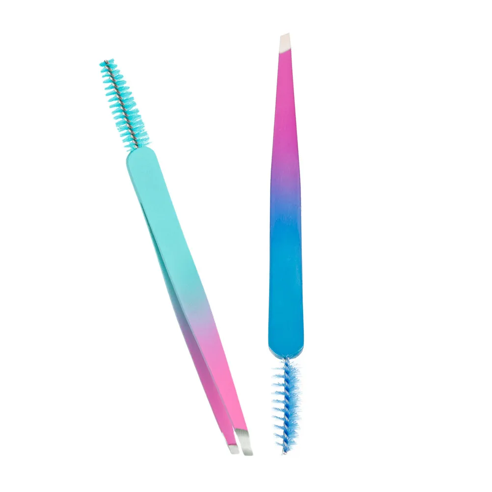 2Pcs 눈썹 핀셋 스테인레스 스틸 전문가용 통합 브러시가 포함된 컴팩트 휴대..