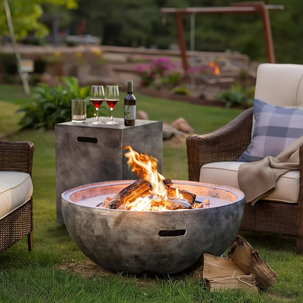 Concrete Fire Pit Bowl 31-Inch Round Propane Gas Fire Bowl, 50,000 BTUs, Includes Side Table, Lava Rock and Weatherproof Cover