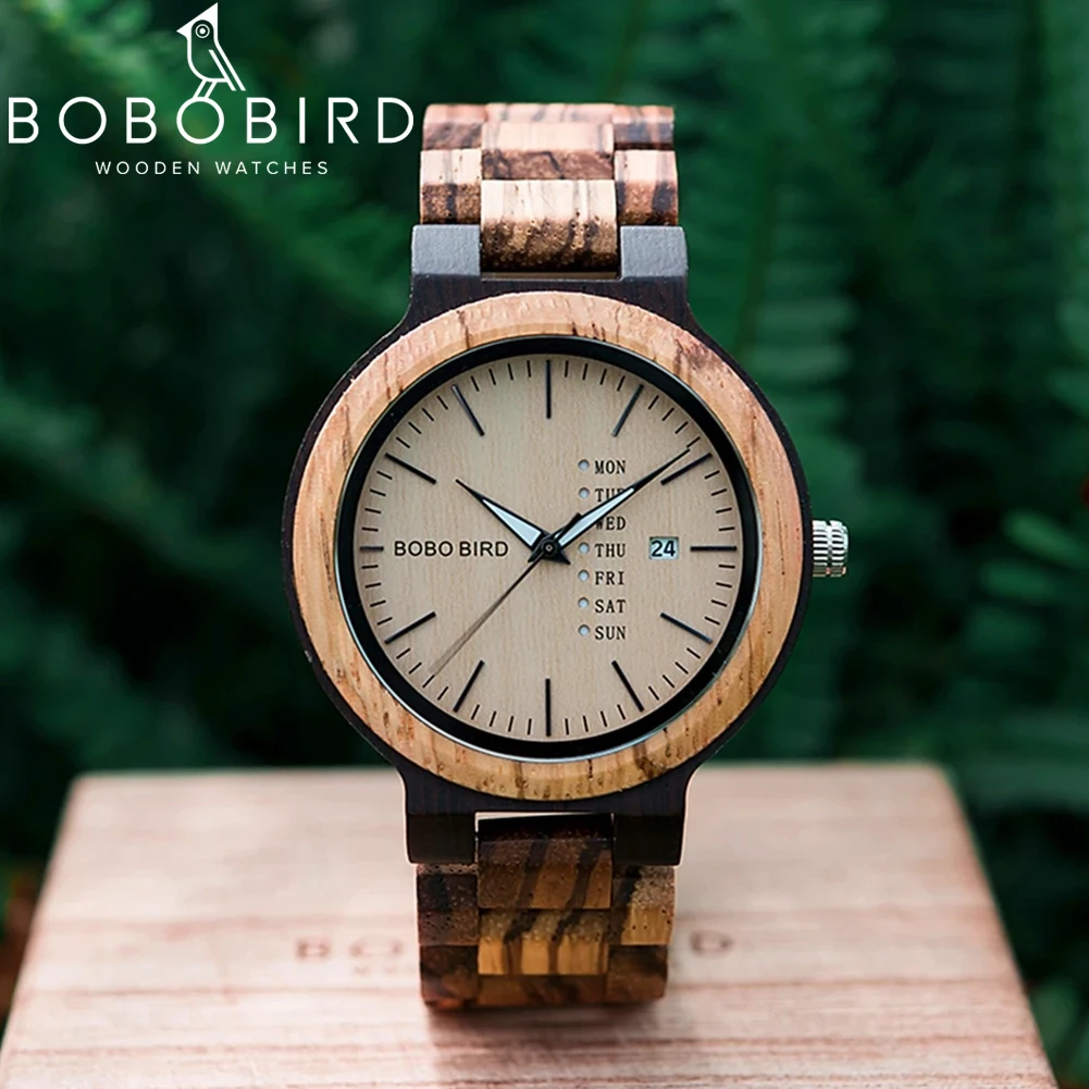 BOBO BIRD Wooden Men Watch Fashion Business Week And Date Display Quartz Timepiece Customize Logo Great Gift relogio masculino