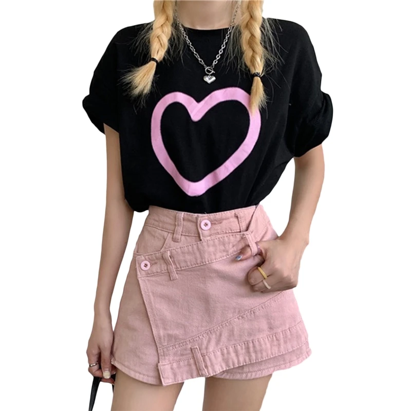 

Women High Waist Crisscross Pink Jean Shorts Asymmetric Irregular Wrap Bottom Wide Leg Denim Shorts Mini Skirts Skort Y1QD