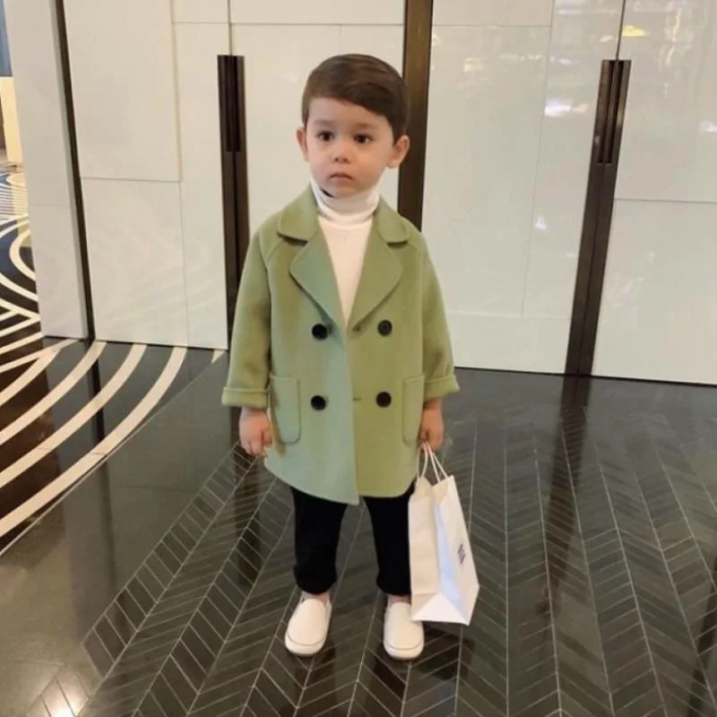 Spring Autumn Boys Jackets Child Girl Woolen Double-breasted Baby Trench Coat Lapel Kids Outerwear Winter Wool Overcoat