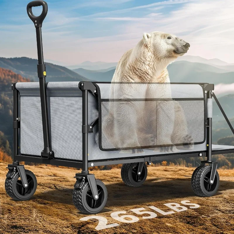 265Lbs Collapsible Foldable Wagon, 45" Extra Long Beach Wagon Cart Heavy Duty Utility Wagon with Folding Tailgate, All-Terrain