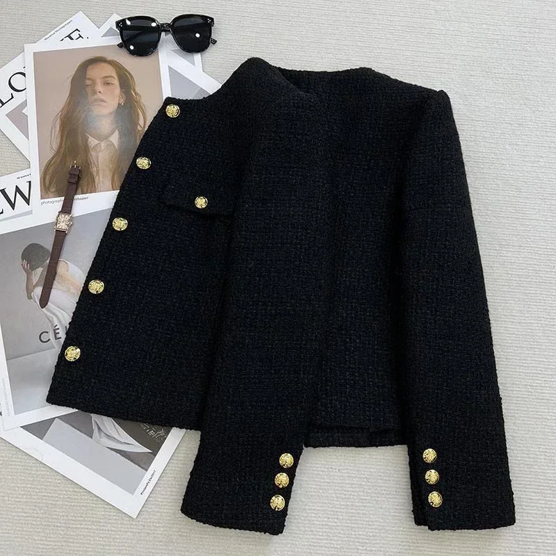 Black Tweed Jackets for Women Fashion Vintage Metal Buckle Design Short Coat Women Korean Elegant Single Breasted Outerwear New 3