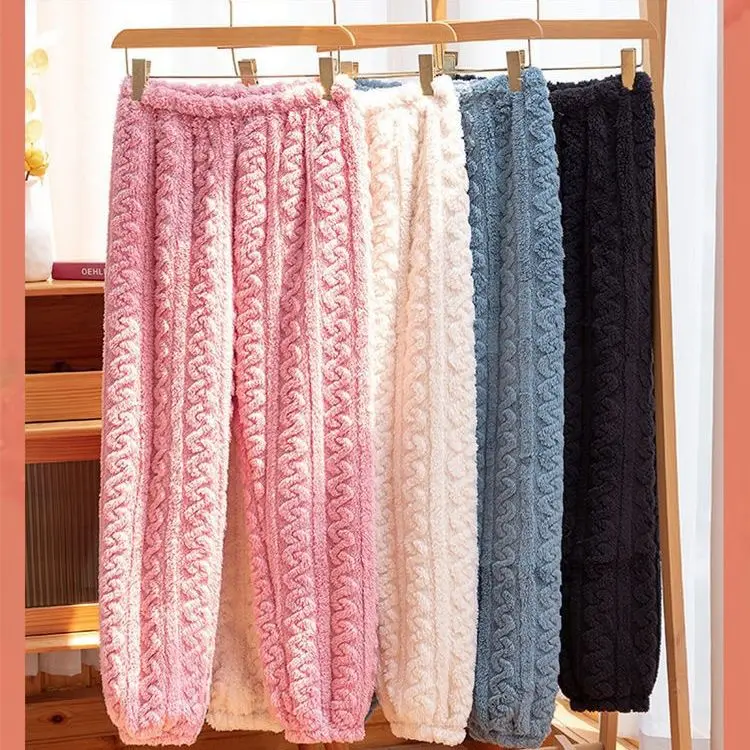 

Women's Warm Pants Autumn Winter Coral Velvet Pajama Pants Plush Thickened Flannel Home Solid Color Fashionable Foot Closure