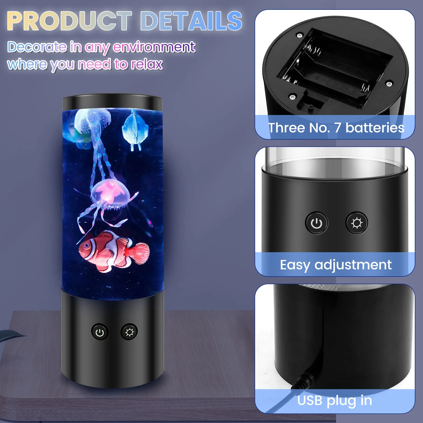 Jellyfish Lamp Rechargeable Decorative Aquarium Night Light LED Jellyfish Lamp Bedroom Nightlight for Office Room and Home Decor