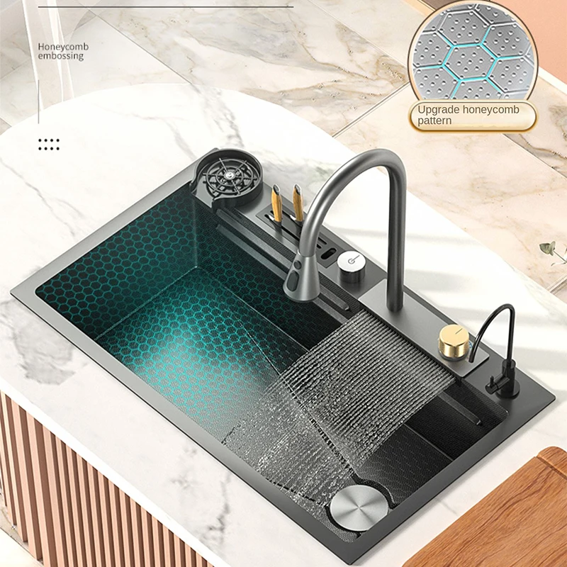 Modern Waterfall Kitchen Sink Embossed Honeycomb Stainless Steel Large Single Slot Vegetable Washing Basin Dishwashing Pool 6