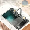 Modern Waterfall Kitchen Sink Embossed Honeycomb Stainless Steel Large Single Slot Vegetable Washing Basin Dishwashing Pool 6