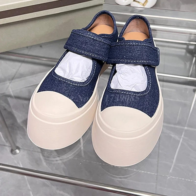 

Mary Jane Big Toe Casual Shoes Women Denim Thick Sole Velcro Genuine Leather Round Toe Male Sports Shoes 2023 New Brand Design