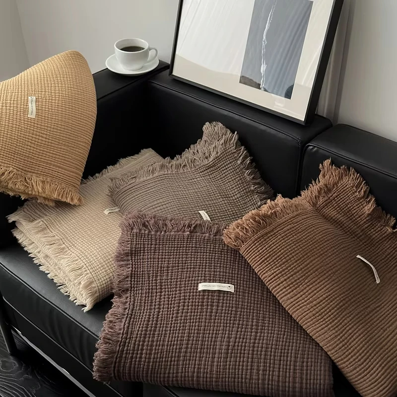 Four-Layer Crepe Yarn Tassel Cotton Blanket Gauze Nap Thin Blanket Living Room Office Car Camping Nap Blanket Available Coraline 5