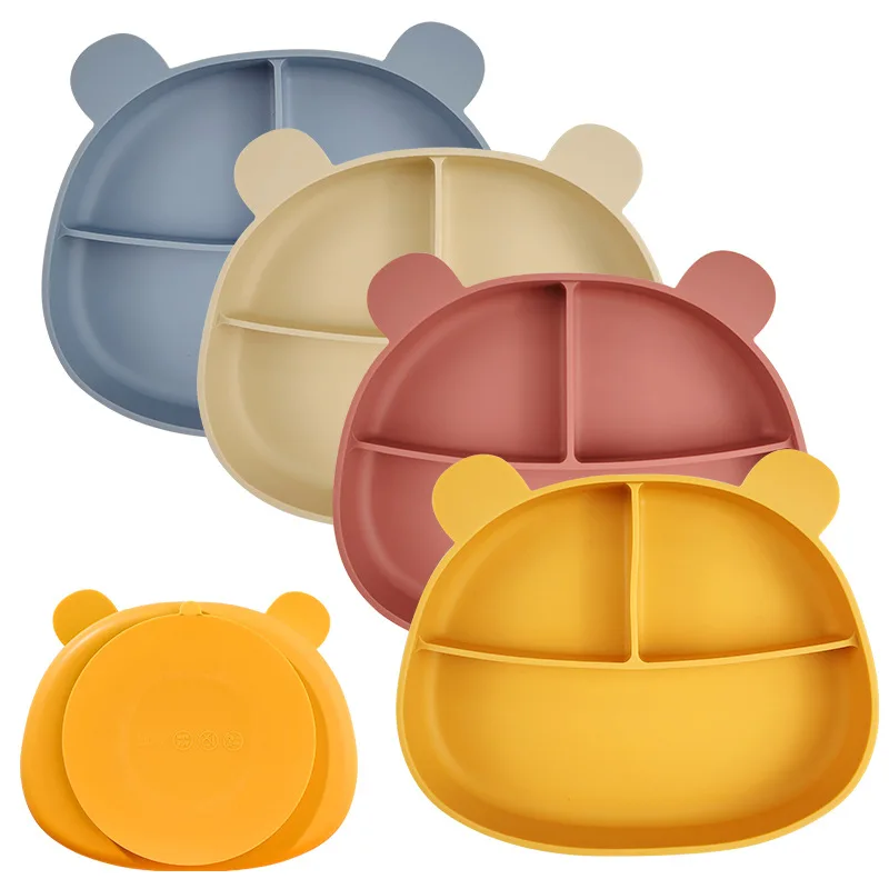 Silicone Baby Plates Cartoon Bear Shaped Kids Feeding Plate with Suction BPA Free Children Dishes Toddler Dinning Tableware